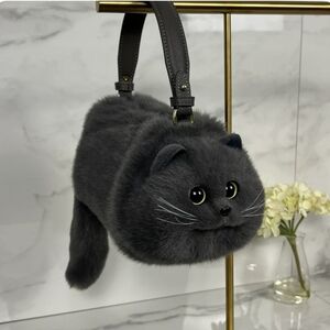 Handmade Plush Cat Shoulder Bag Cute Crossbody Purse - Kids & Women Gift - Grey